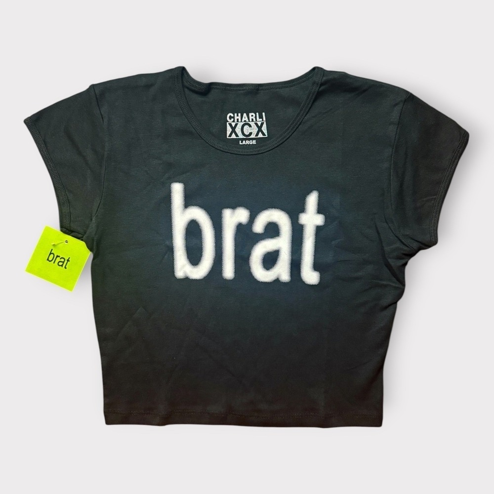 Charli XCX Brat Album Black Baby Tee Cropped T-Shirt Official Tour Merch Large